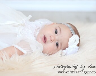 Baptism headband, christening headband, white baby headband, flower girl headband, chevron headband, baby girl gift, newborn photo prop
