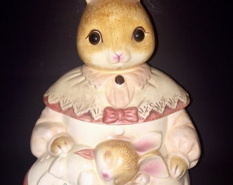 Vintage Mama Bunny Holding Baby Bunny Cookie Jar with Beautiful Glass Eyes made in Japan