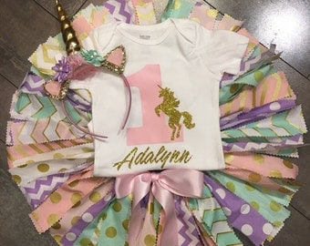 unicorn pink gold lavender and mint fabric tutu birthday photo outfit (3pc set) and pink unicorn headband, quick shipping