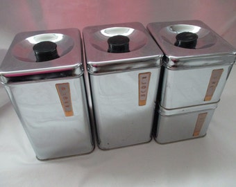 Vintage, Lincoln Beautyware, Chrome Canisters with Gold Plaques, Set of 4 with Lids, Flour, Sugar, Coffee, Tea. 1960's