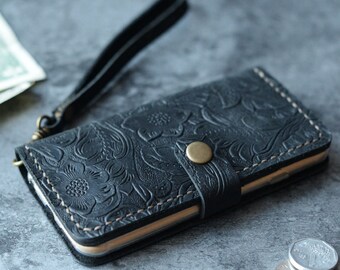 iPhone 7 Plus Case with wristlet Strap iPhone 6S Case, iPhone 5 Leather Case Wallet iPhone 6 PLUS iPhone SE Wallet Case- Black