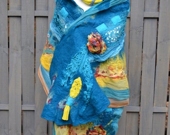 Felted scarf blue Handmade poncho wool wool cape