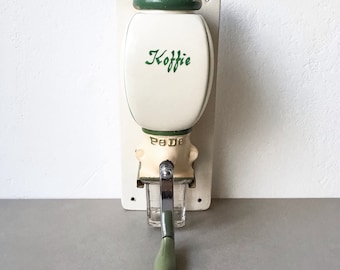 Vintage PeDe Coffee Grinder Wall Mounted Dutch Coffee Mill Green/ Cream 50's Holland Kitchenware