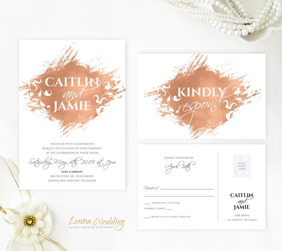 Rose gold wedding Invitation printed on shimmer cardstock