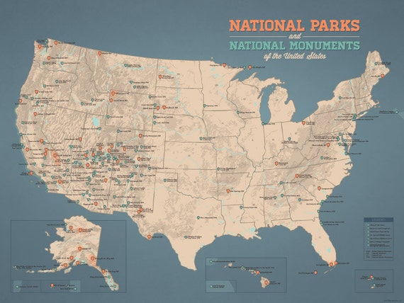 us national parks monuments map 18x24 poster