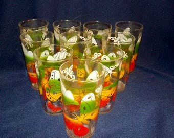 Set of Ten Vintage Butterfly Design Tumblers, 10 ounce Capacity