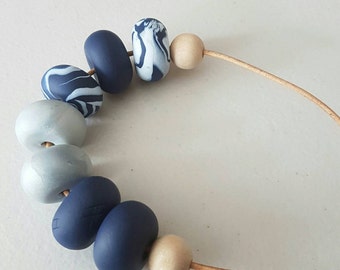 Polymer clay bead necklace/ Navy blue and silver clay beaded necklace / polymer clay/ clay jewellery/ clay jewelry/ beaded necklace/