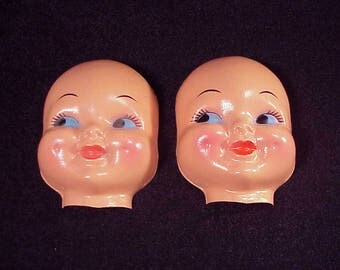 Lot of 2 Craft Dimpled Doll Faces, 4 3/8 inches tall, Eyes to the Side, Blue Eyes, Made of a Thin Plastic, Craft Supply, Project