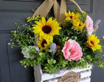 Spring Door Hanger, Spring Wreath for Door, Door Hanger, Greenery Wreath, Greenery Wreath for Front Door, Flower Box Door Hanger