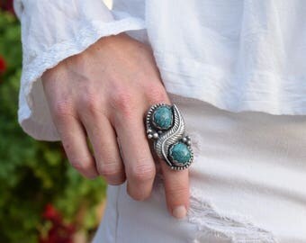 Large turquoise ring, turquoise statement ring, turquoise silver leaf ring, sterling silver ring, ring size 7