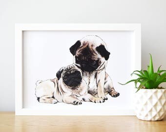 DOG ART, pug wall print, pug illustration, pug lovers gifts, cute pug gifts, pug wall art, pugs, dog gifts for women, pug lover, pug print