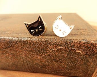 Cat Pin Badge, Enamel Pin, Black Cat, White Cat Face