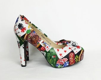 Casino, Las Vegas shoes, casino theme shoes, custom casino shoes, gambling, rockabilly shoes, casino heels, night out, Las Vegas wedding