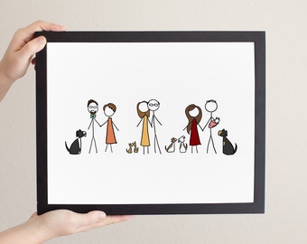 Custom Large Group Stick Figure Family Portrait - Family Drawing/Family Illustration/Family Photo