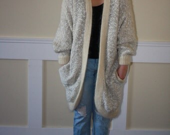 SALE knit cream angora and wool sweater, angora duster, cream duster, knit duster, long sweater, cardigan, knit wear, cream duster