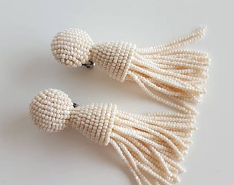 Oscar de la Renta Earrings Ivory Short Beaded Tassel Earrings Tassel Clip-on Earrings short Beaded Tassel Earrings Handmade Party Earrings