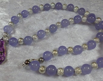 short chain, jade LILACS, Namaste Buddha pendant, handmade
