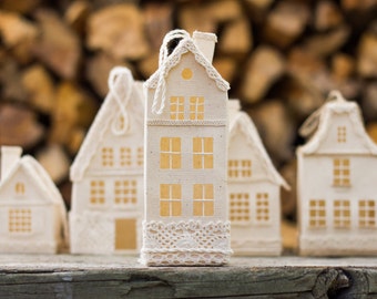 White Fabric House, Christmas Table Decor, Housewarming Gift, Rustic Home Decor, Home Sweet Home, Toy City