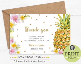 Pineapple THANK YOU CARD, Instant Download, Tropical Thank you, Bridal Shower Thank you, Baby Shower Thank you Cards, Edit yourself