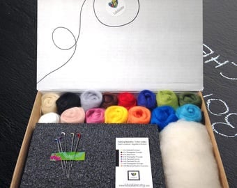 Needle Felting Kit / Roving assortment / Foam pad, 5 felting needles,1oz (28) of white Core Wool + 3oz (90gr) of Merino wool in 15 colors