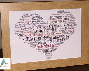 Valentines Day heart word art gift keepsake unique print / print & frame - any colours, any words - Husband Wife Boyfriend Girlfriend etc