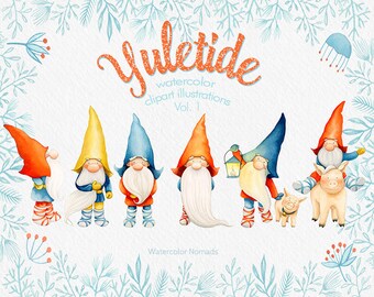 Yuletide Clip art, Gnome, Christmas clipart, watercolor clipart, Dala horse, pig, elk deer, winter, printable, scrapbooking, illustration