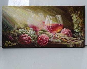 Anniversary gift|for|wife Still life oil painting green Unique gift|for|her Red rose flower painting Fine art painting for dining room decor
