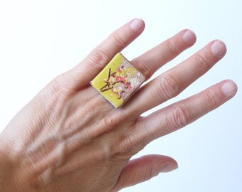 Bohemian Ring, Flower Ring, Boho Chic, Summer Ring, Ceramic Cabochon Ring, Handpainted Jewelry, Handmade, Womens Gift, Adjustable Ring