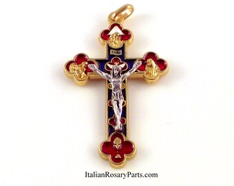 Five Way Trinity Jubilee Rosary Crucifix Goldtone With Blue and Red Enamel| Italian Rosary Parts