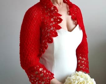 Red bolero, crochet bolero shrug, bridal jacket, wedding cardigan, knitted red shrug, lacy shrug, 3/4 sleeves bolero, fast shipping