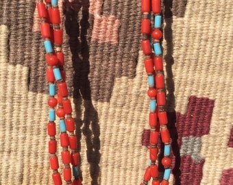 Vintage Native American Indian turquoise and coral necklace, Santo Domingo turquoise and coral necklace, multi strand beaded necklace