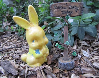 Bunny Rattle Yellow Plastic "Irwin" Toy Rabbit in Blue Vest Vintage 40s Easter Shabby Chic Nursery Decor Baby Shower Animal Art Gift