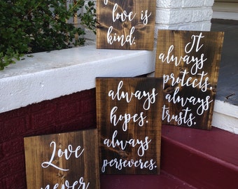 Love is patient, love is kind, 1 Corinthians 13, Wedding aisle signs, set of 4, hand painted rustic wood signs, rustic wedding decor signs