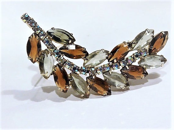 1960s Rhinestone Brooch Leaf Shape Brooch Aurora Borealis AB Mid Century Vintage Hollywood Topaz Wedding Bride Juliana DeLizza Elster D & E