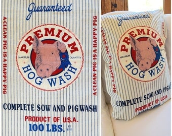 Feedsack Fabric/ Premium Hog Wash Farmhouse Decor/ Retro Reproduction Grain Sack/ Happy Pig Fabric/ Blue Ticking Stripe Fabric: 45”x 35"