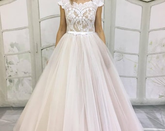 Blush wedding dress,Beige Light-As-Air Wedding Dress Lace Back ,Tulle Skirt,an off-shoulder ,Illusion Lace Neckline, Open Cutout Back,