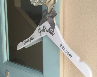 Flower girl hanger/Personalized baby hanger/Handlettered wood hanger/Calligraphy white hanger/Ring Bearer hanger