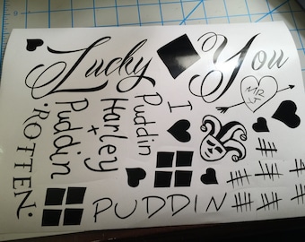 Free Shipping!|Harley Quinn Tattoo Lot| Harley Quinn | Joker| Suicide Squad | Love | Tattoo | Cute| Mr.J| Puddin| Lucky You| Vinyl| Decal| S