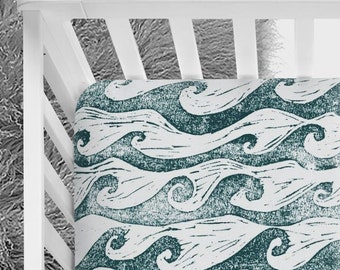 Waves crib sheet, ocean, surfer nursery, baby boy, baby girl, baby bedding, ocean waves, nautical, surfer baby, beach bum, fitted crib sheet