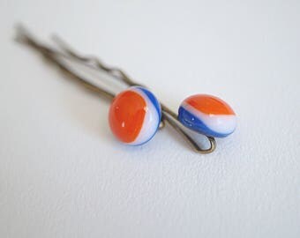 Glass hairpins, Mets barrettes, New York Mets jewelry, blue glass bobby pins, fused glass hair pins, set of 2, Mets colors, blue and orange