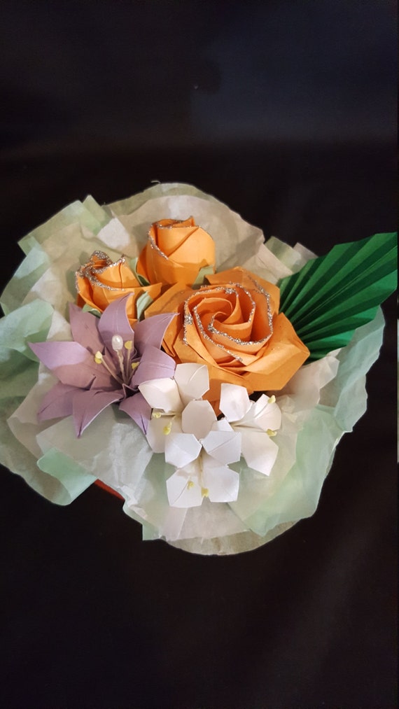 Origami Flowers Bouquet : Light Orange roses light purple