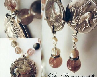 Necklace and earrings with copies of ancient Greece coins-Silver 925-Aphrodite Athena Pegaso-quartz and Pearl-unique piece