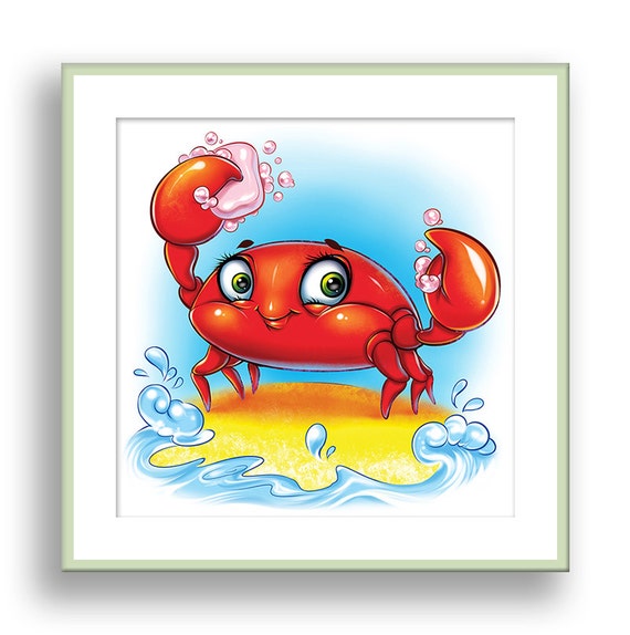 Kids Bathroom Wall Decor Crab Sea Animal Print Wash Your Hands