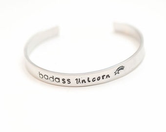 Unicorn Bracelet, badass unicorn, stamped bracelet, cuff bracelet, unicorn gifts, unicorn jewelry, handstamped bracelet, fantasy jewelry