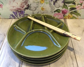 Green French Set Of Four Retro Divided Plates For Fondue, Sushi or Appetizers