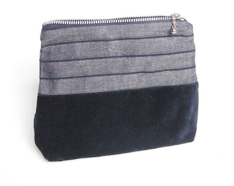 Black pouch, cosmetic bag, stripe bag, eco bag, velvet bag. Eco friendly, organic cotton velvet & organic cotton, zipper pouch,free shipping