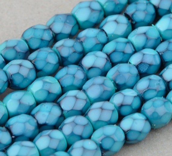 Czech Glass Beads - Round Faceted Beads - Fire Polished Beads - Turquoise Opaque with Jet Honeycomb - 3mm - 50 Beads