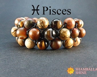 Personalized gemstone bracelet Pisces Zodiac jewelry Beaded gemstone amulet Custom women bracelet Personalized gift for her 3 row bracelet