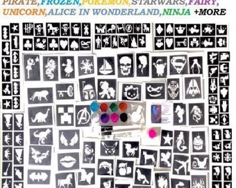 Glitter tattoo kit boy girl princess superhero 158 stencils 8 glitters glue brushes Christmas can be added if requested Professional quality