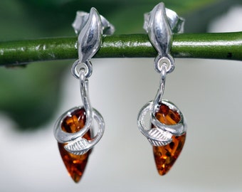 Baltic amber earrings. Sterling silver and cognac amber earrings.